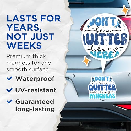 (2 Pack) Don't Be a Quitter Magnets - Funny Pancreas Quote - Awareness Ribbon - 5" On Longest Side - for Cars, Fridges, Toolboxes - Made in USA - MAG3823