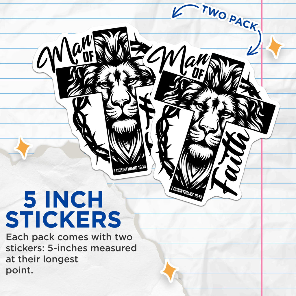 (2 Pack) Man of Faith Stickers - Inspirational Christian Stickers - Lion Cross Religious Decal - 5" On Longest Side - Sticks to Any Smooth Flat Surface - Made in USA - BMCS3424