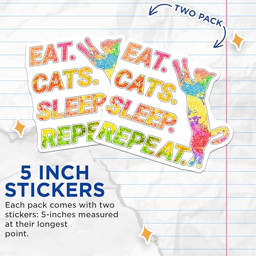 (2 Pack) Eat Cats Sleep Repeat Stickers - Funny Cat Lover Stickers - Humorous Pet Stickers for Laptops and Water Bottles - 5" On Longest Side - Sticks to Smooth Flat Surfaces - Made in USA - BMCS4731