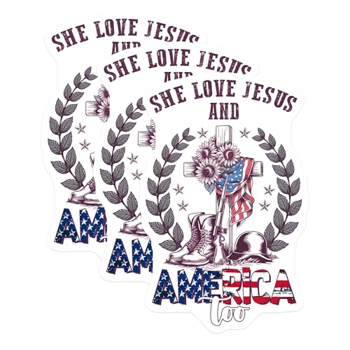 (3 Pack) She Love Jesus Decals - America Too - Patriotic Decal - 3 Inches On Longest Side - Easy Peel & Apply - Made in USA - 3MCS7122