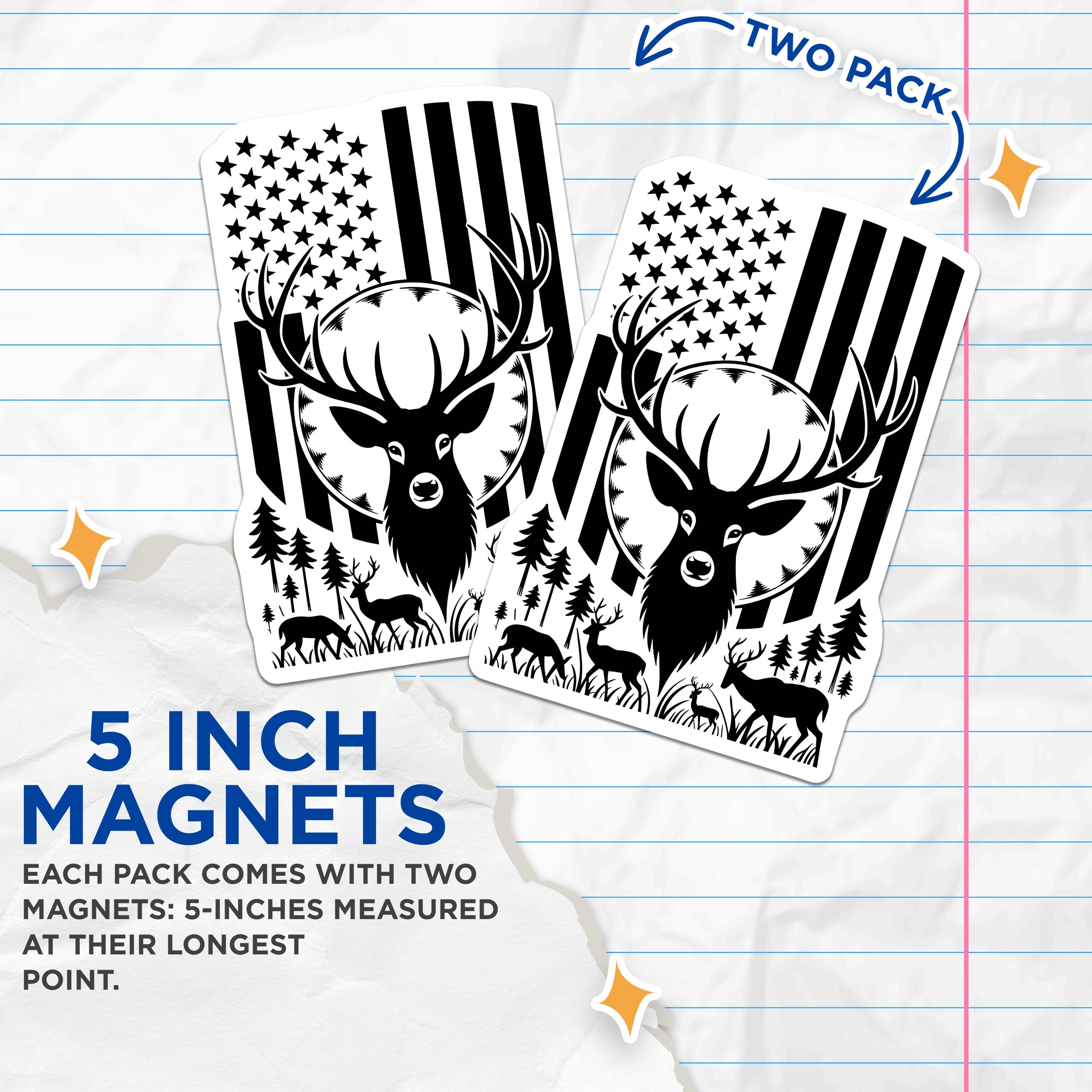(2 Pack) Deer Hunting Magnets - American Flag Buck - Patriotic Outdoorsman Accessory for Truck - 5 Inches On Longest Side - Thick Durable Magnet - Made in USA - MAG38684