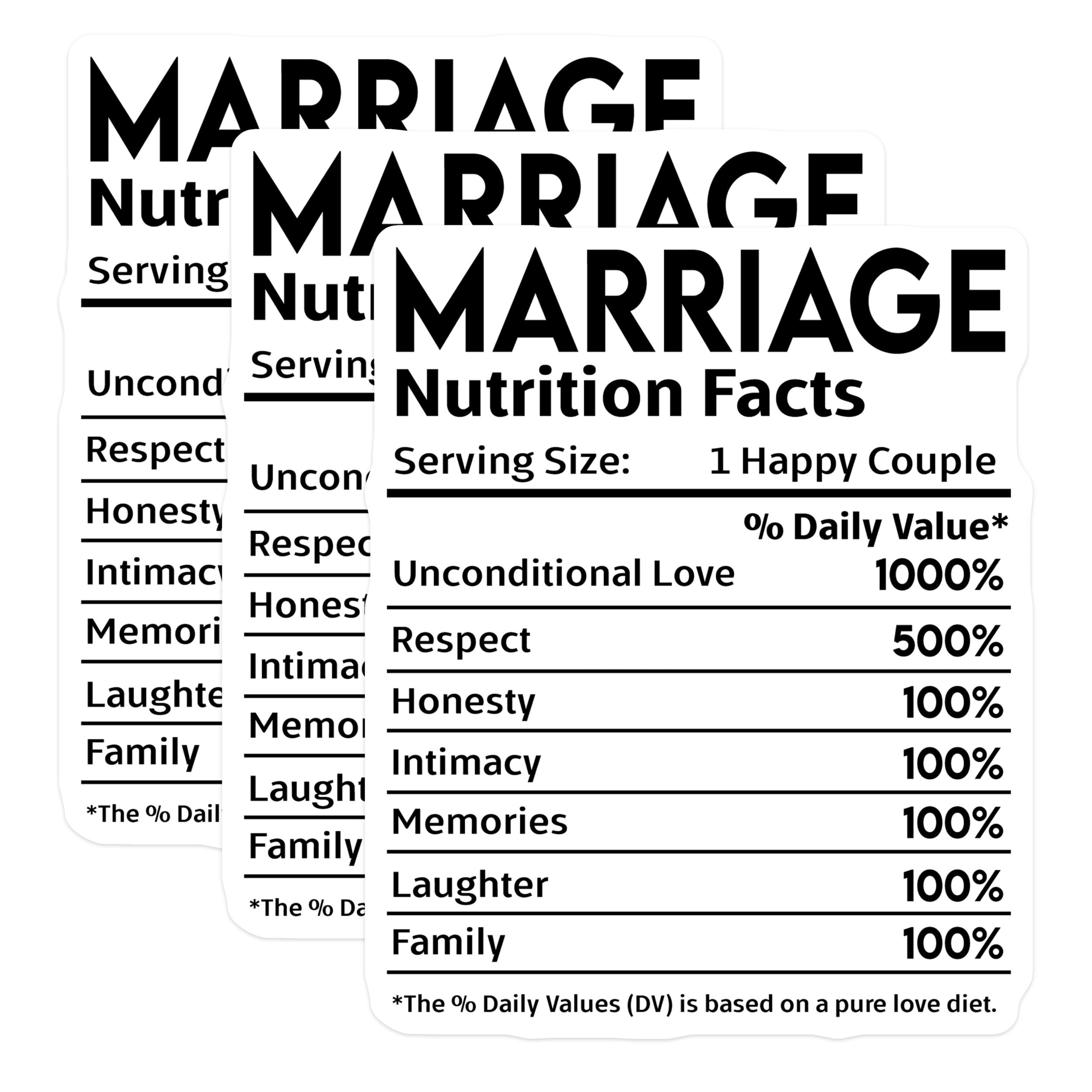 (3 Pack) Marriage Nutrition Facts Decals - Funny Wedding Decal - Anniversary Decal - 3 Inches On Longest Side - Easy Peel & Apply - Made in USA - 3MCS2912