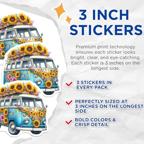 (3 Pack) VW Bus Decals - Hippie Van Stickers - Sunflower Decals - 3 Inches On Longest Side - Easy Peel & Apply - Made in USA - 3MCS7618