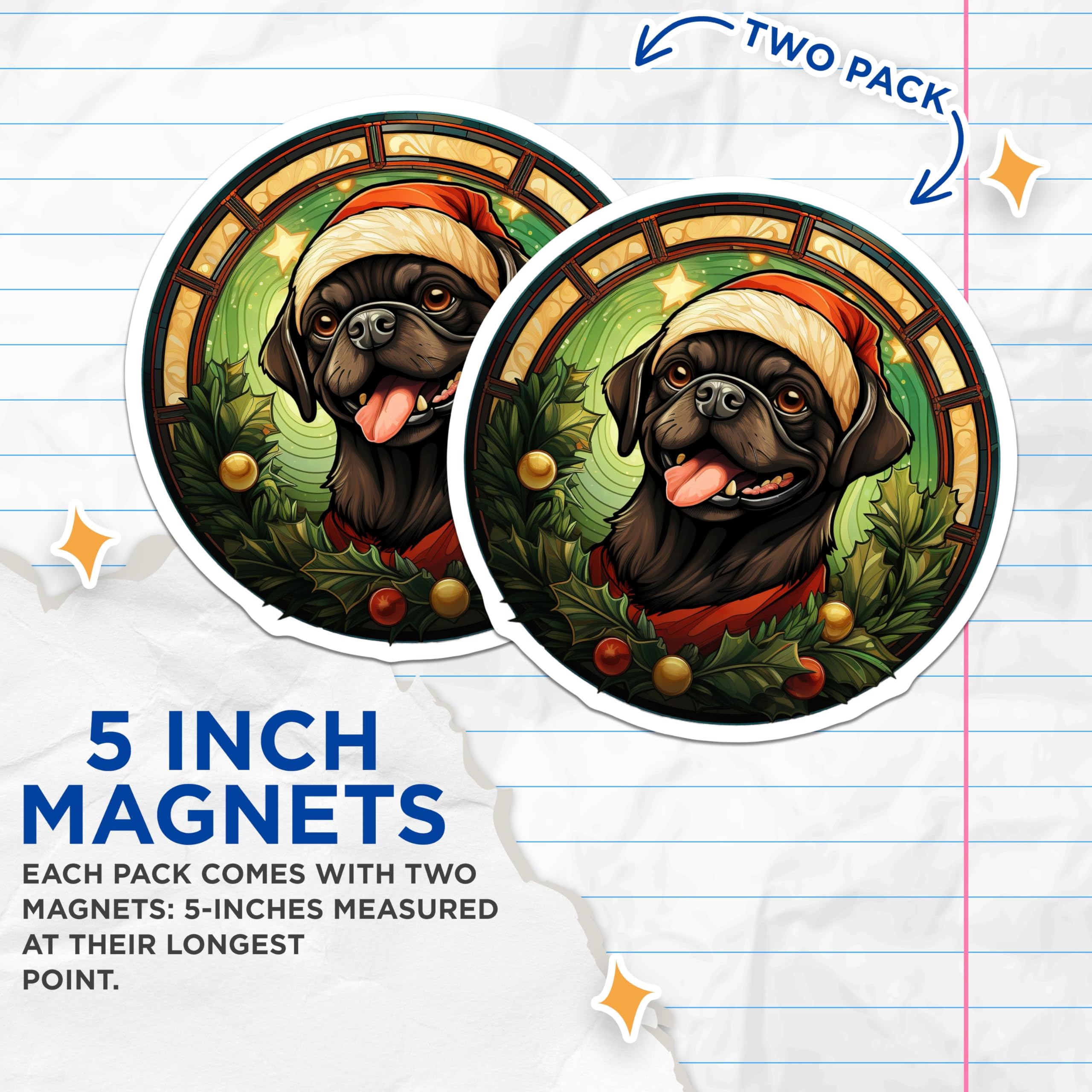(2 Pack) Christmas Pug Magnets - Holiday Dog Decor - Santa Hat Pet Fridge Art - 5 Inches On Longest Side - Thick Durable Magnet - Made in USA - MAG27090