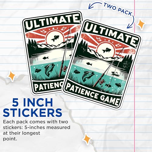 (2 Pack) Ultimate Patience Game Stickers - Fishing Enthusiast Stickers - Outdoor Fishing Adventure Stickers - 5" On Longest Side - Sticks to Any Smooth Flat Surface - Made in USA - BMCS2620