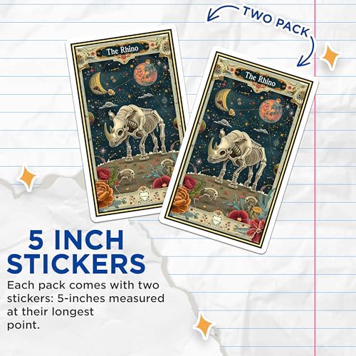 (2 Pack) The Rhino Stickers - Vintage Rhino Skeleton Art - Space-Themed Sticker - 5" On Longest Side - Sticks to Smooth Flat Surfaces - Made in USA - BMCS3674