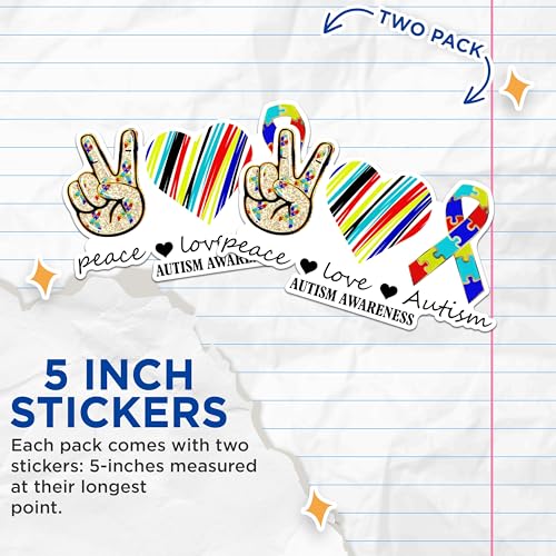 (2 Pack) Peace Love Autism Stickers - Autism Awareness Heart Stickers - Autism Support Stickers Bundle - 5" On Longest Side - Sticks to Any Smooth Flat Surface - Made in USA - BMCS2847