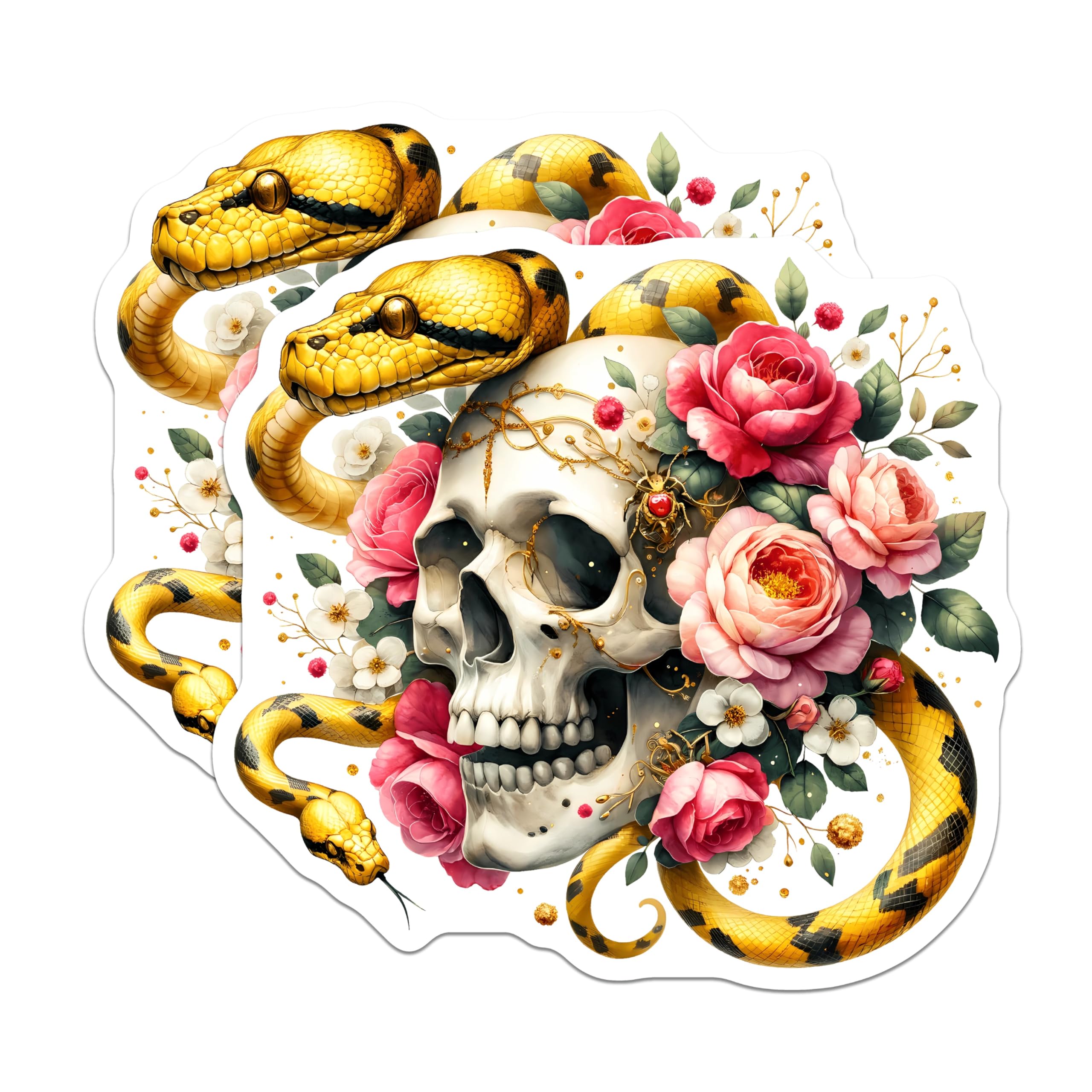 (2 Pack) Skull Snake Rose Magnets - Golden Serpent Floral Artistry - Macabre Gothic Botanical Decor Accents for Home - 5 Inches On Longest Side - Thick Durable Magnet - Made in USA - MAG21078