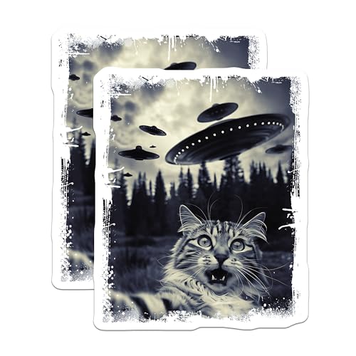 (2 Pack) UFO Cat Stickers - Funny Alien Cat Stickers - Cat Lover Space Stickers - 5" On Longest Side - Sticks to Any Smooth Flat Surface - Made in USA - BMCS3381