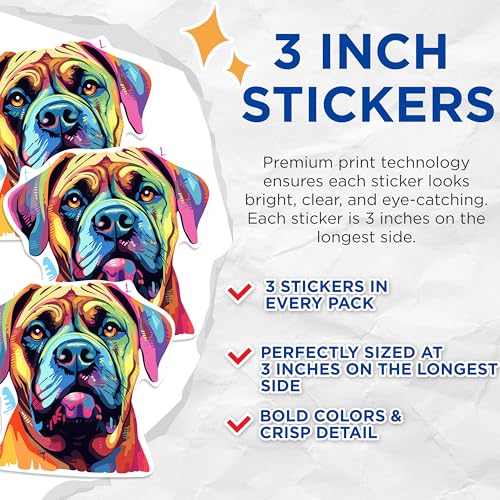 (3 Pack) Bullmastiff Decals - Colorful Dog Breed Stickers - Laptop Decals - 3 Inches On Longest Side - Easy Peel & Apply - Made in USA - 3MCS0680