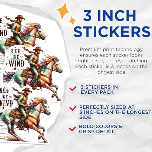 (3 Pack) Cowboy Horse Decals - Ride Like The Wind Stickers - Western Laptop Decal- 3 Inches On Longest Side - Easy Peel & Apply - Made in USA - 3MCS5684