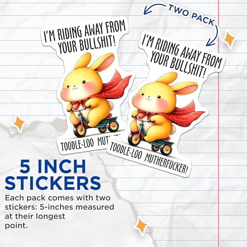 (2 Pack) Cute Bunny Riding Away Stickers - Funny Animal Meme - Swear Word Humor - 5" On Longest Side - Sticks to Smooth Flat Surfaces - Made in USA - BMCS9671