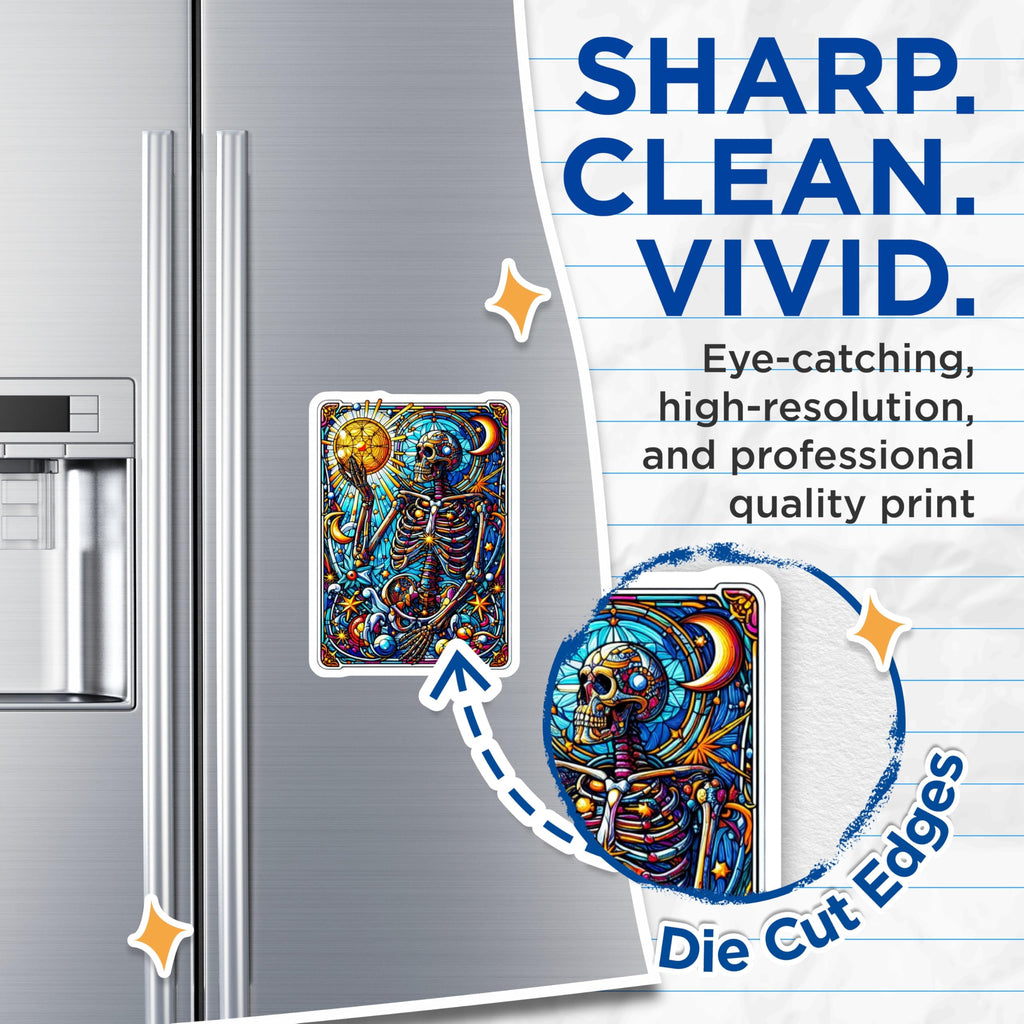 (2 Pack) Stained Glass Skeleton Magnets - Celestial Sun Moon Art - Mystical Skull Decor - 5 Inches On Longest Side - Thick Durable Magnet - Made in USA - MAG20262