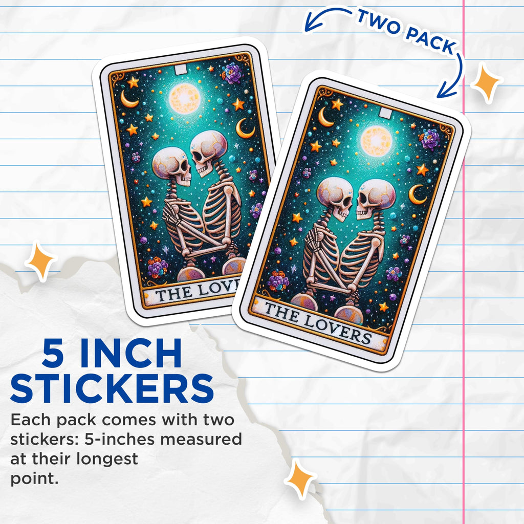 (2 Pack) Gothic Skeleton Lovers Stickers - Tarot Card Stickers - Unique Skull Art Stickers - 5" On Longest Side - Sticks to Smooth Flat Surfaces - Made in USA - BMCS5449