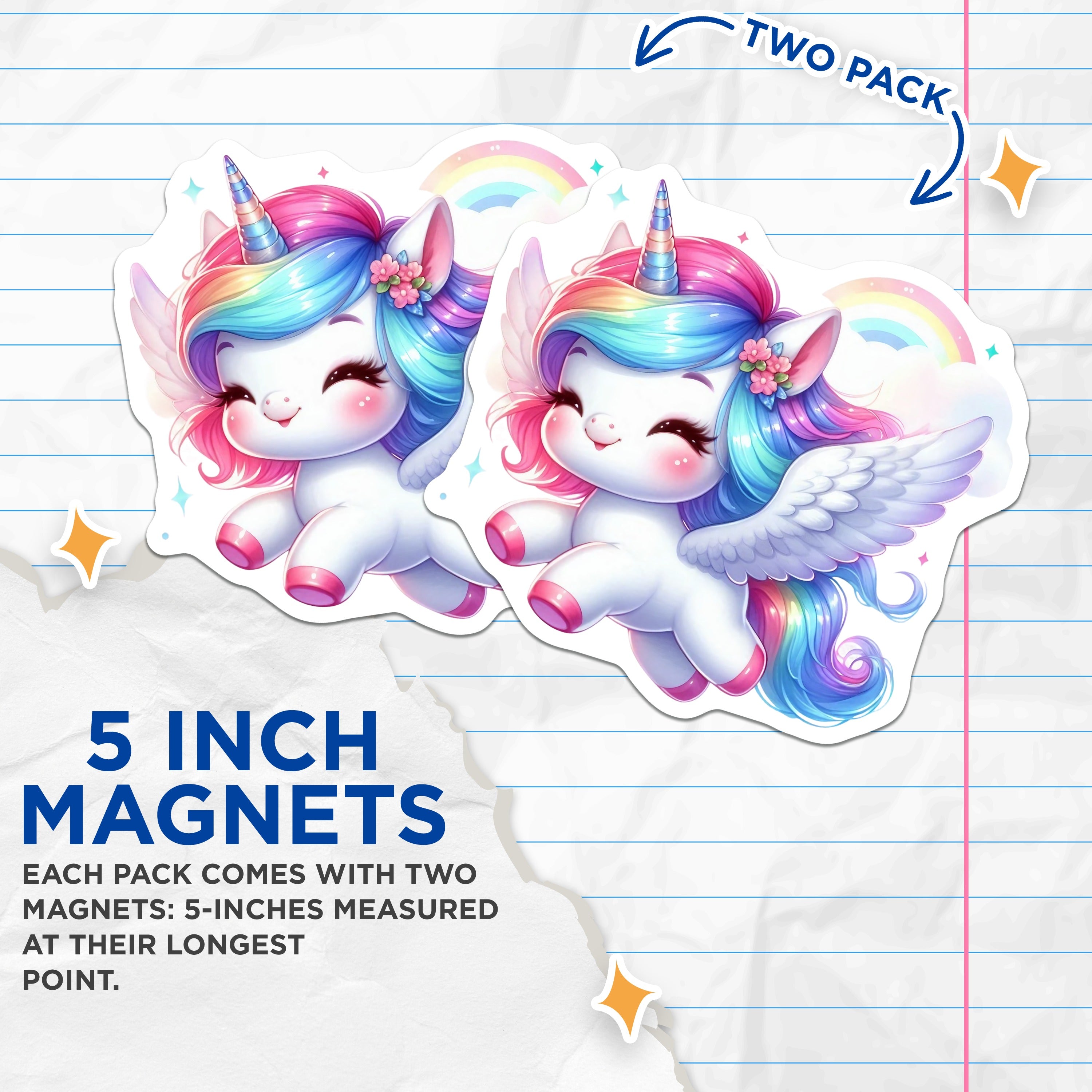 (2 Pack) Cute Unicorn Rainbow Magnets - Kawaii Fantasy Decor - Girls Room Locker Accent - 5 Inches On Longest Side - Thick Durable Magnet - Made in USA - MAG39015