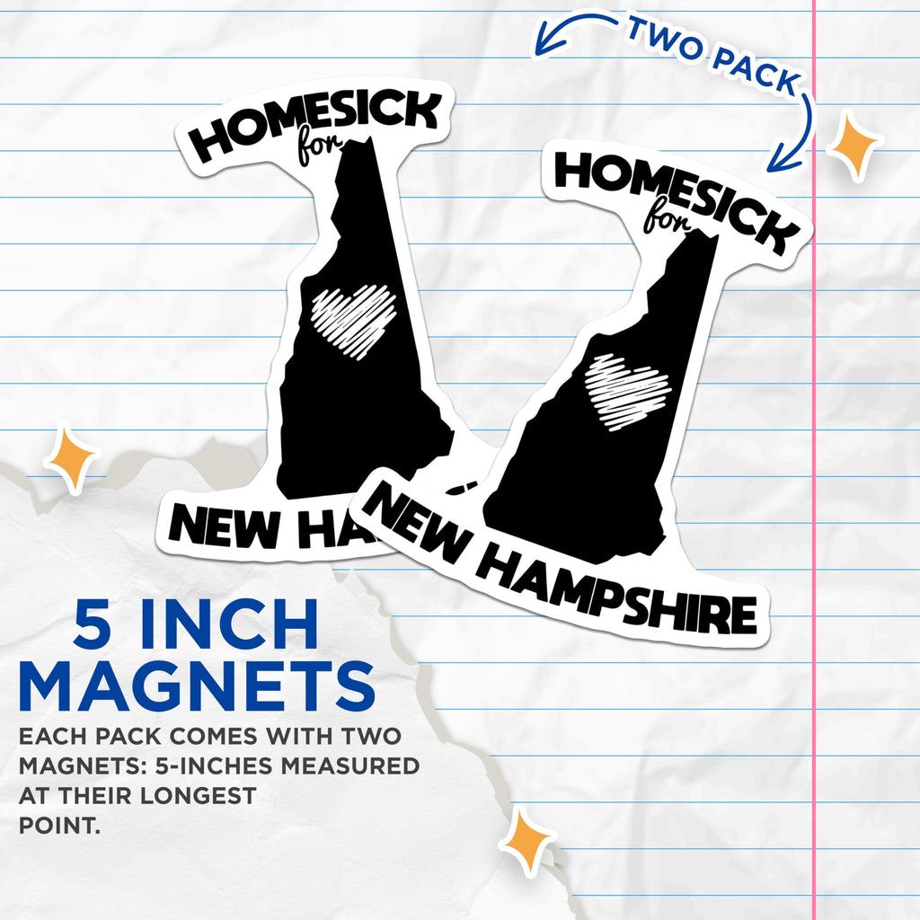 (2 Pack) Homesick New Hampshire Magnets - NH State Pride Souvenir - Refrigerator Decor - State Outline Map - 5 Inches On Longest Side - Thick Durable Magnet - Made in USA - MAG20291