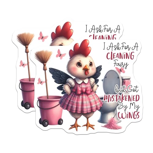 (2 Pack) Funny Chicken Cleaning Fairy Stickers - Cute Animal Decal - Bathroom Humor Stickers - 5" On Longest Side - Sticks to Smooth Flat Surfaces - Made in USA - BMCS4504