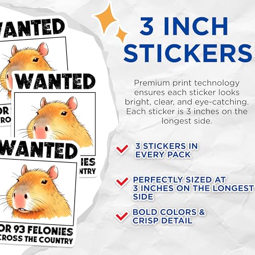 (3 Pack) Capybara Wanted Decals - Rodent Meme - Funny Animal Decals - 3 Inches On Longest Side - Easy Peel & Apply - Made in USA - 3MCS8429