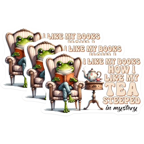 (3 Pack) Frog Tea Decals - Book Lover Stickers - Whimsical Art Decals - 3 Inches On Longest Side - Easy Peel & Apply - Made in USA - 3MCS7074