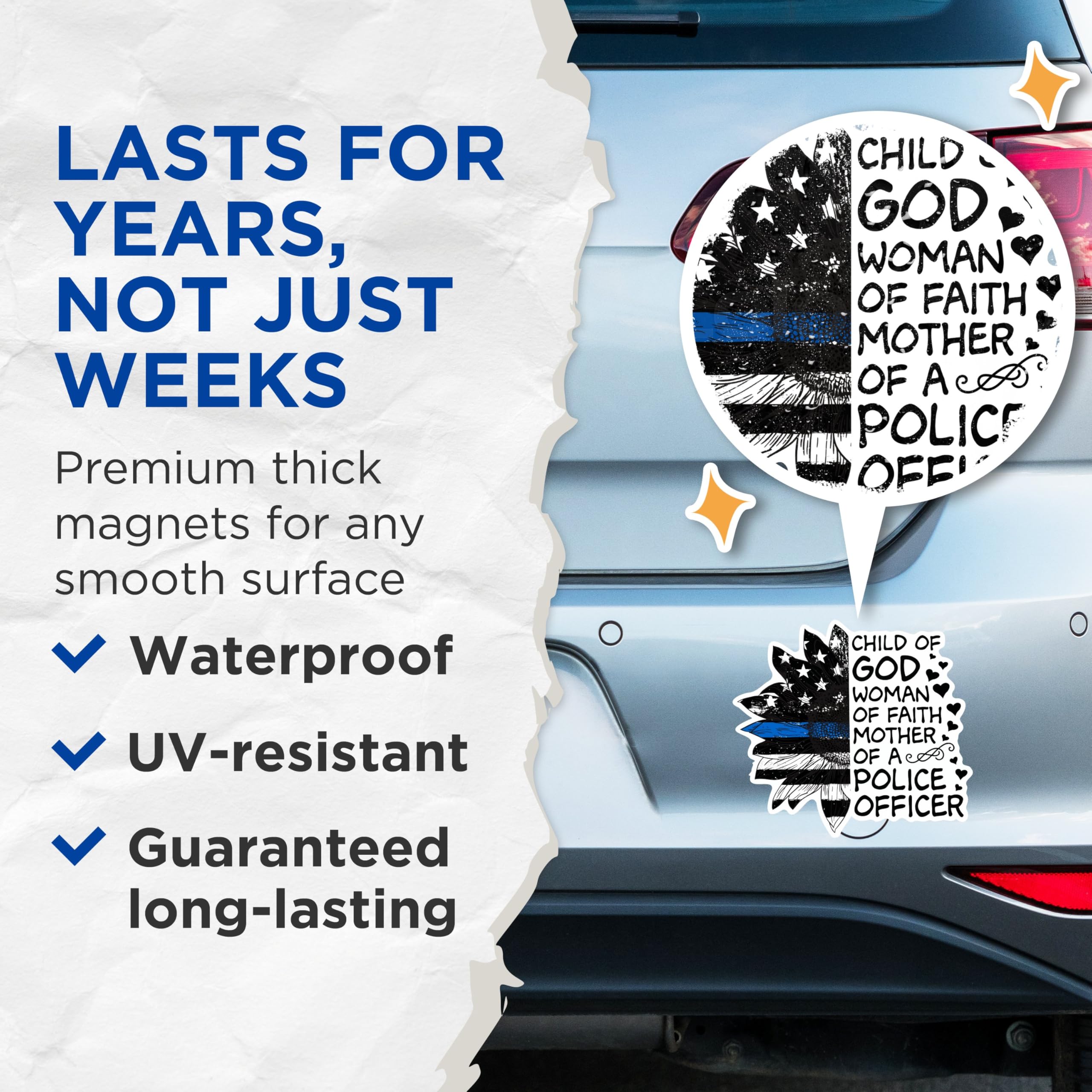 (2 Packs) Child of God Woman of Faith Mother of A Police Officer Magnets - Police Mom Magnets - 5" On Longest Side - Premium Magnet - for Fridges, Toolboxes, Cars - Made in USA - MAG2456
