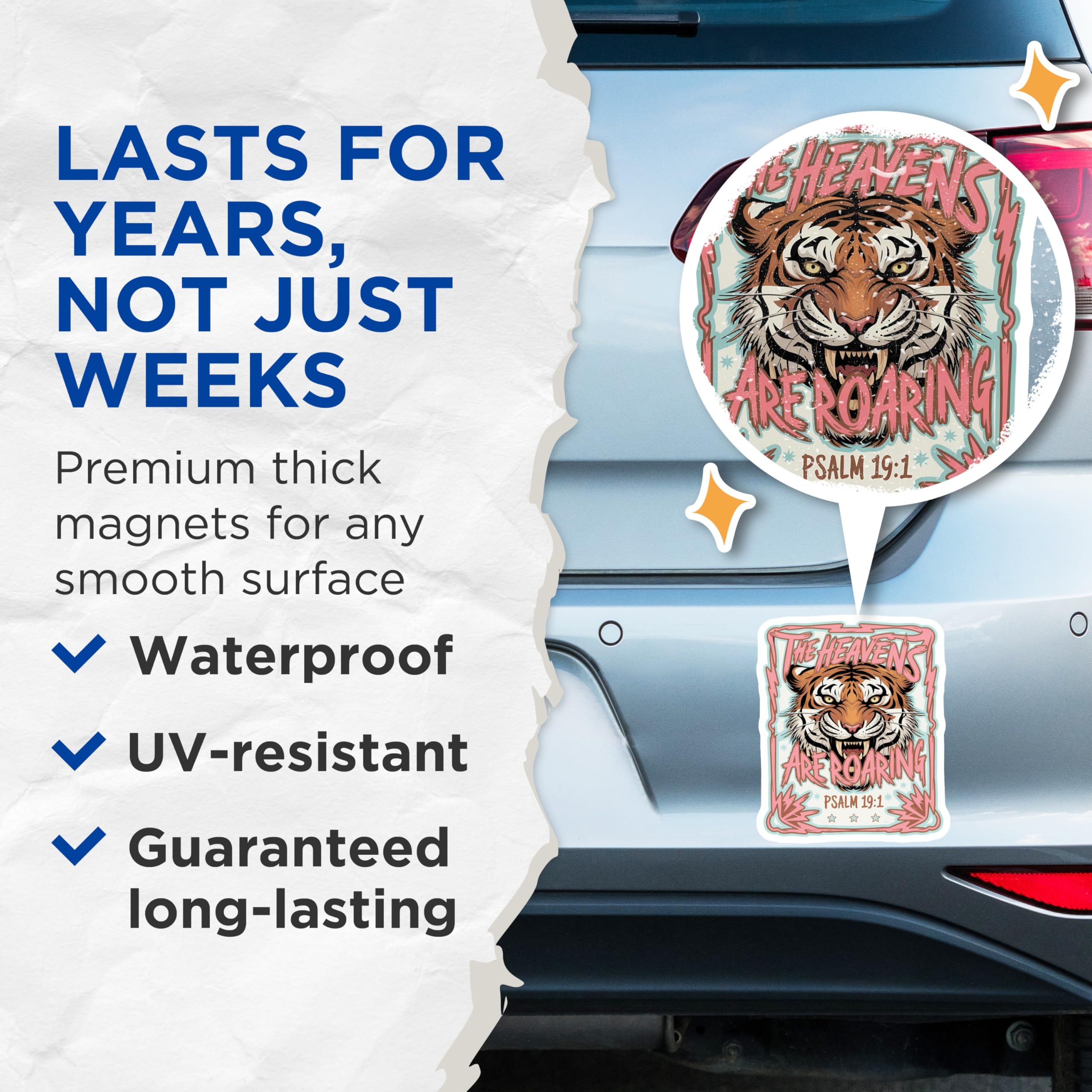 (2 Pack) Roaring Tiger Magnets - Psalm 19:1 Scripture Art - Christian Faith Decor - 5 Inches On Longest Side - Thick Durable Magnet - Made in USA - MAG22600