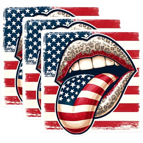 (3 Pack) American Flag Lips Decals - Leopard Print Lips - USA Flag Laptop Decals - 3 Inches On Longest Side - Easy Peel & Apply - Made in USA - 3MCS1529