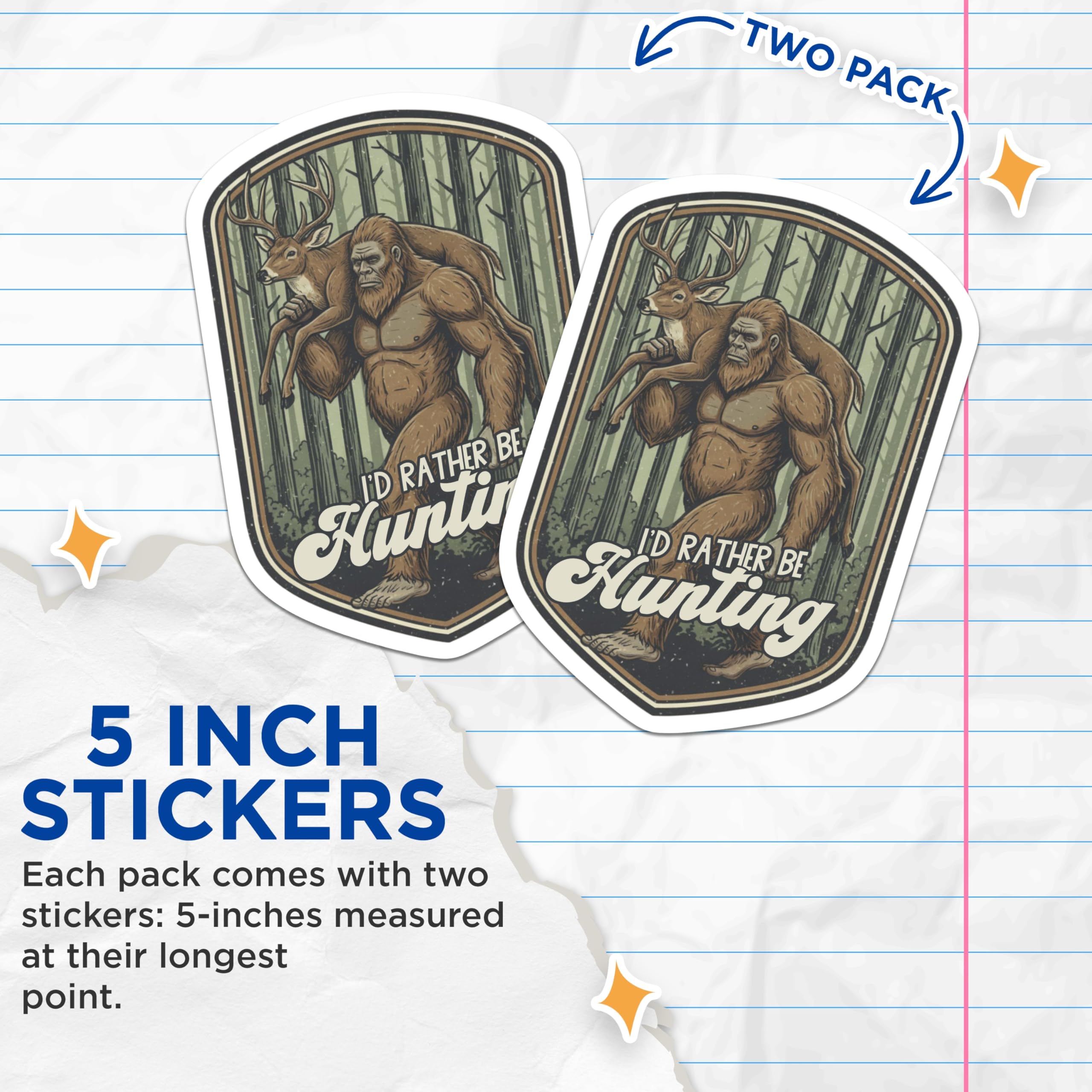 (2 Pack) Bigfoot Hunting Stickers - Funny Sasquatch - Deer Hunter- 5" On Longest Side - Sticks to Smooth Flat Surfaces - Made in USA - BMCS16869
