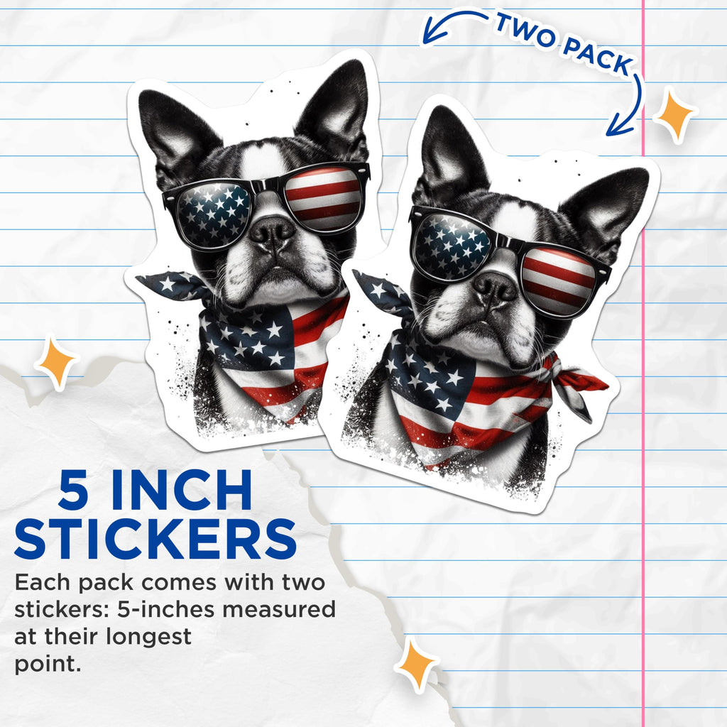 (2 Pack) American Flag Dog Stickers - Patriotic Boston Terrier - USA Pride Decals - 5" On Longest Side - Sticks to Smooth Flat Surfaces - Made in USA - BMCS15492
