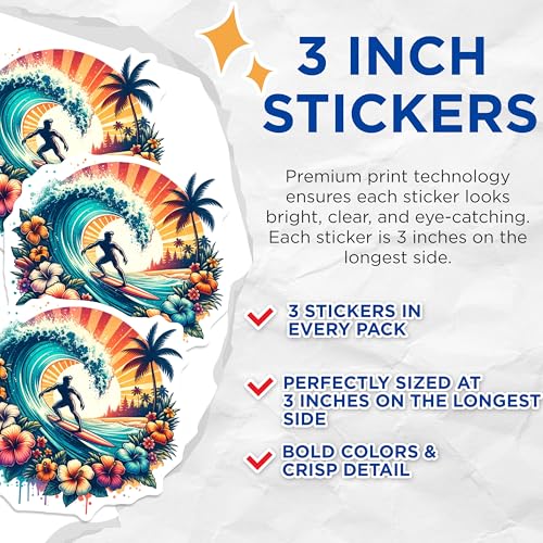 (3 Pack) Surfing Decals - Tropical Wave - Hibiscus Flower Art- 3 Inches On Longest Side - Easy Peel & Apply - Made in USA - 3MCS5214