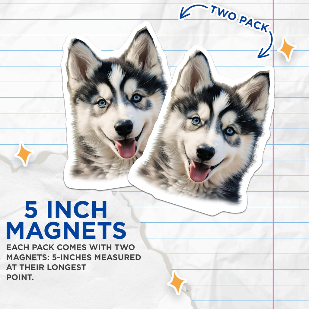 (2 Pack) Siberian Husky Puppy Magnets - Adorable Blue Eyed Dog Decor - Animal Lover Fridge Accent - 5 Inches On Longest Side - Thick Durable Magnet - Made in USA - MAG23626