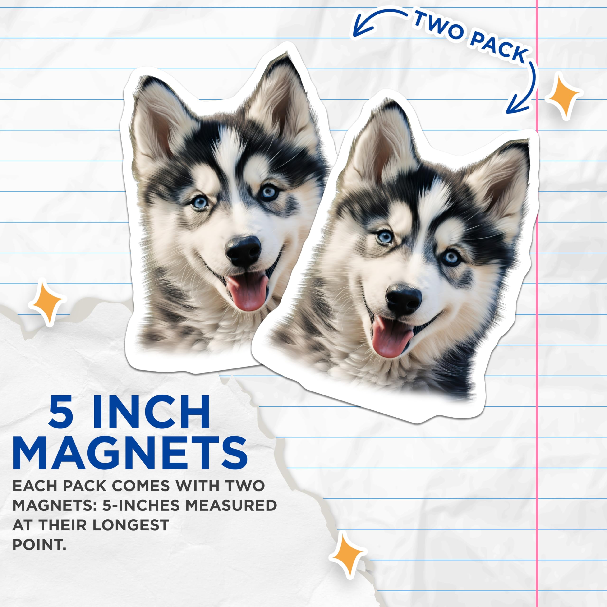 (2 Pack) Siberian Husky Puppy Magnets - Adorable Blue Eyed Dog Decor - Animal Lover Fridge Accent - 5 Inches On Longest Side - Thick Durable Magnet - Made in USA - MAG23626