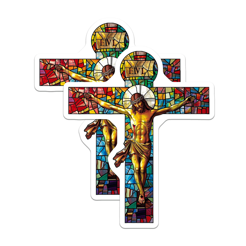 (2 Pack) Stained Glass Crucifix Magnets - Religious Christ Art - Christian Faith Decor - Devotional Catholic - 5 Inches On Longest Side - Thick Durable Magnet - Made in USA - MAG39632