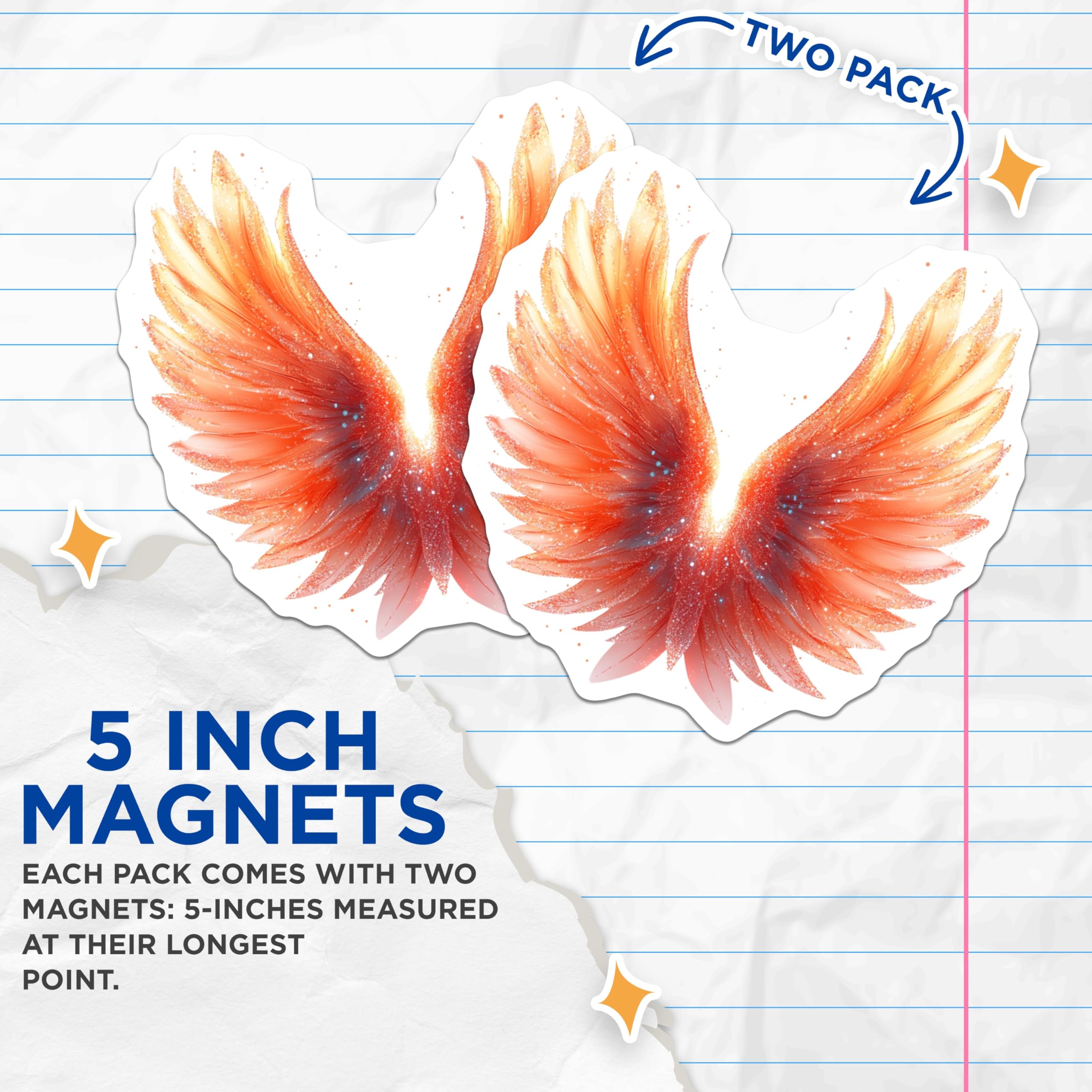 (2 Pack) Fiery Angel Wings Magnets - Celestial Phoenix Decor - Mystical Spiritual Art - 5 Inches On Longest Side - Thick Durable Magnet - Made in USA - MAG29726