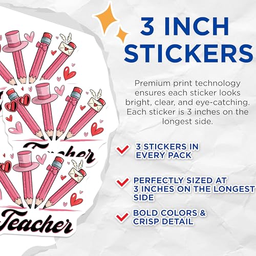 (3 Pack) Teacher Pencils Decals - Pink Pencil Decor - Valentines Day Teacher - 3 Inches On Longest Side - Easy Peel & Apply - Made in USA - 3MCS6408