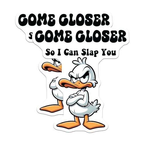 (2 Pack) Funny Duck Stickers - Humorous Animal Stickers - Come Closer Slap You Sticker - 5" On Longest Side - Sticks to Smooth Flat Surfaces - Made in USA - BMCS5652