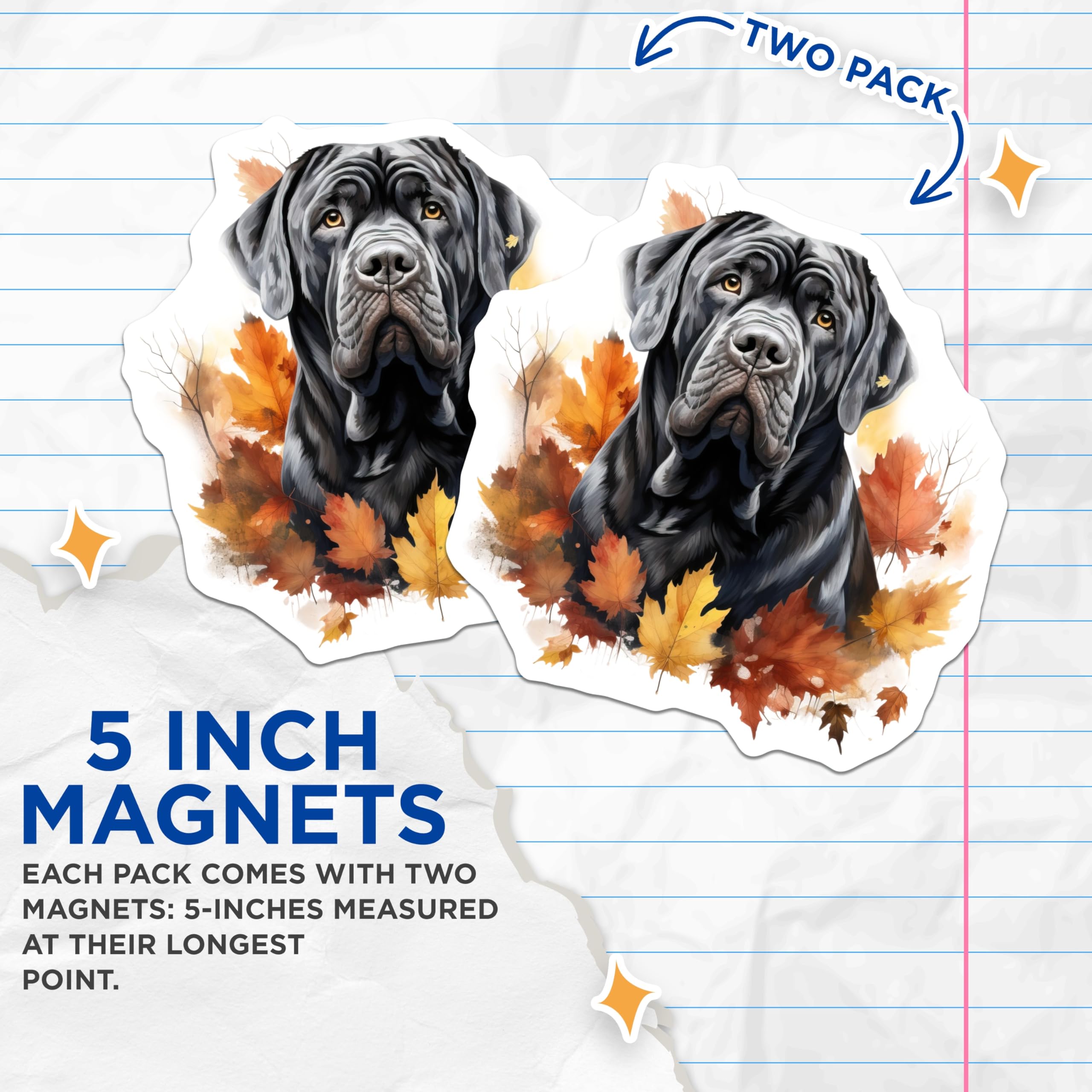 (2 Pack) Neapolitan Mastiff Dog Magnets - Autumn Fall Leaves Decor - Pet Owner Refrigerator Art - 5 Inches On Longest Side - Thick Durable Magnet - Made in USA - MAG28488