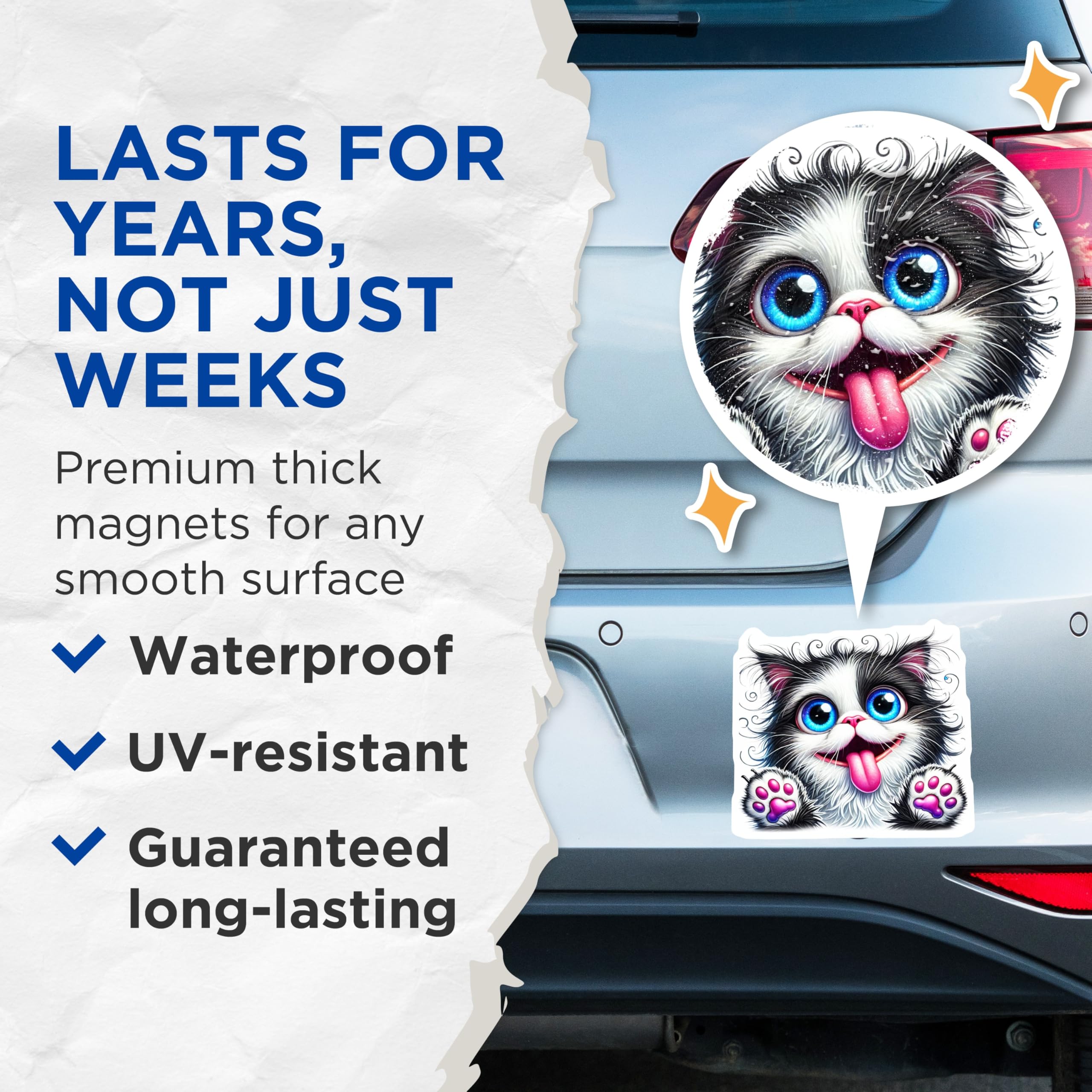(2 Pack) Goofy Cat Magnets - Cute Kitten Art - Fun Animal Decor - 5" On Longest Side - Premium Magnet - for Cars, Refrigerators, Toolboxes, Lockers - Made in USA - MAG16087