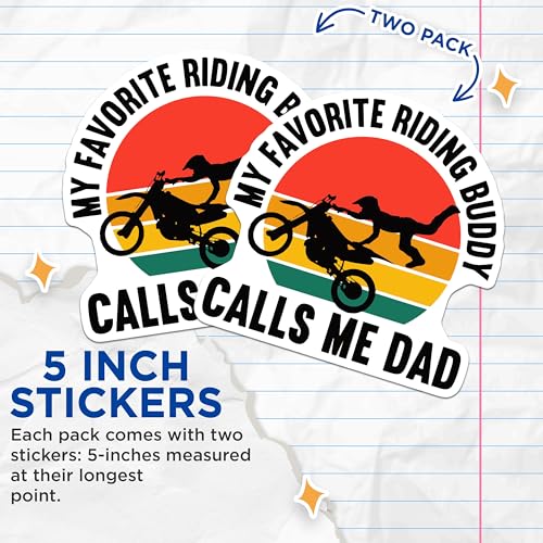 (2 Pack) Dad Riding Buddy Stickers - Motorcycle Dad Stickers - Dirt Bike Riding Dad Stickers - 5" On Longest Side - Sticks to Smooth Flat Surfaces - Made in USA - BMCS5840