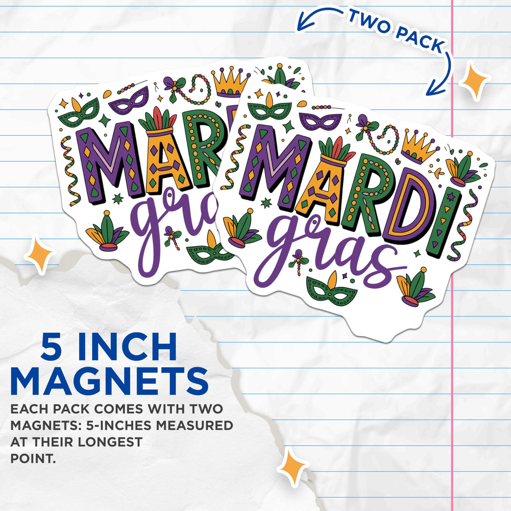 (2 Pack) Mardi Gras Magnets - Carnival Celebration Decor - New Orleans Party Favors - 5" On Longest Side - Premium Magnet - for Cars, Refrigerators, Toolboxes, Lockers - Made in USA - MAG16772