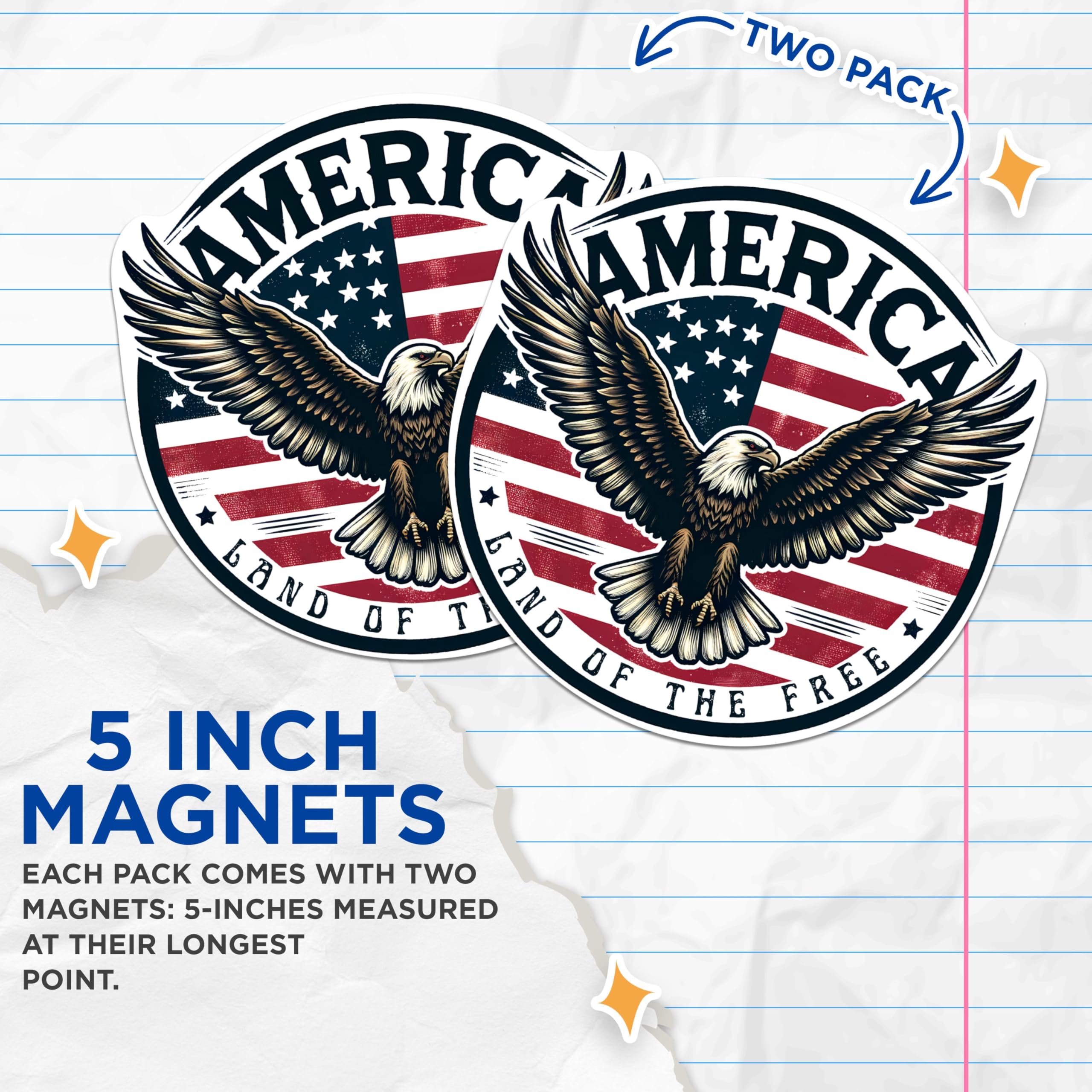(2 Pack) America Land of The Free USA Flag American Flag Patriotic Magnets - 5 Inches On Longest Side - Premium Magnet - for Cars, Refrigerators, Toolboxes - Made in USA - MAG2165
