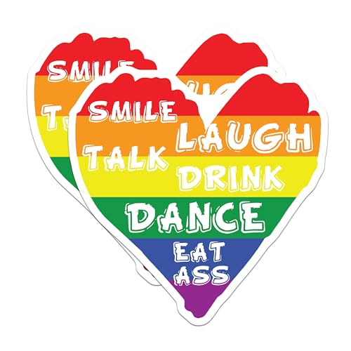 (2 Pack) Rainbow Pride Stickers - Funny LGBTQ Stickers - Smile Talk Laugh Drink Dance Eat Stickers - 5" On Longest Side - Sticks to Smooth Flat Surfaces - Made in USA - BMCS4715