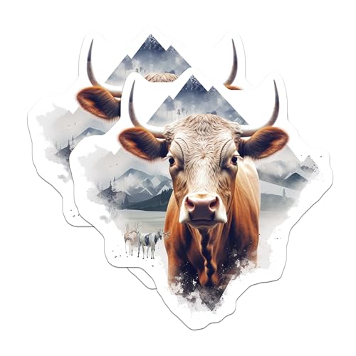 (2 Pack) Cow Stickers - Farm Animal Art Stickers - Mountain Background Stickers - 5" On Longest Side - Sticks to Smooth Flat Surfaces - Made in USA - BMCS3802