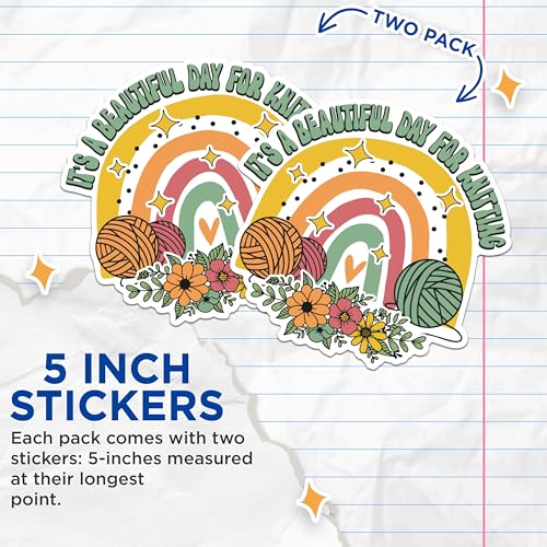 (2 Packs) It's A Beautiful Day for Knitting Stickers - Love to Knit Decals - 5 Inches On Longest Side - Premium Vinyl Decal - Sticks to Any Smooth Flat Surface - Made in USA - BMCS2487