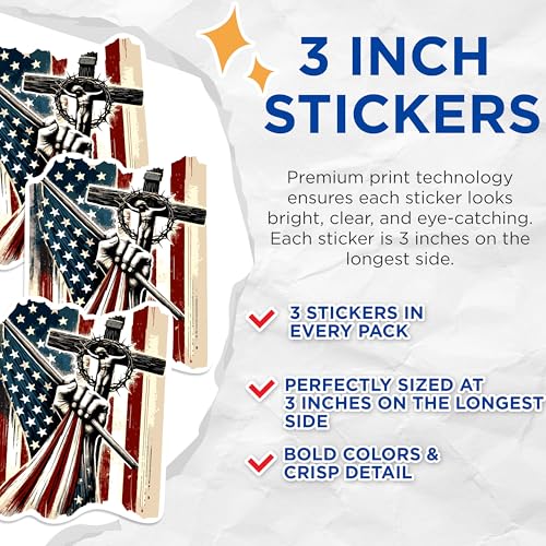 (3 Pack) Patriotic Jesus Decals - American Flag Cross - Christian Laptop Decal - 3 Inches On Longest Side - Easy Peel & Apply - Made in USA - 3MCS0938