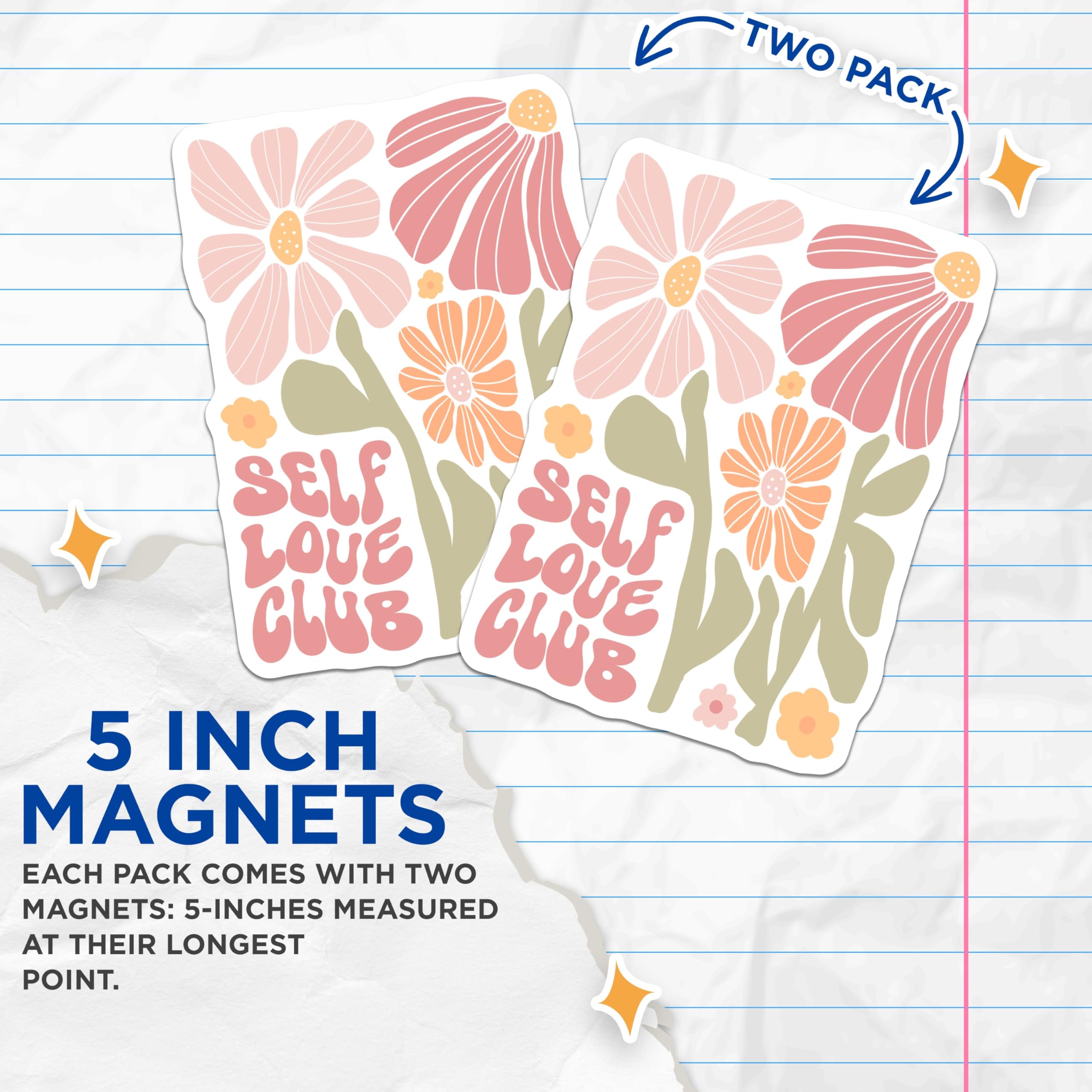 (2 Pack) Self Love Club Magnets - Flower Aesthetic - Positive Affirmation Magnets - 5" On Longest Side - Premium Magnet - for Cars, Refrigerators, Toolboxes, Lockers - Made in USA - MAG17905