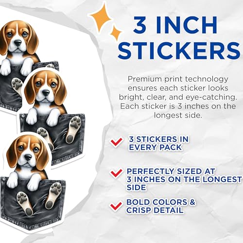 (3 Pack) Beagle Dog Decals - Pocket Puppy Stickers - Laptop Decal - 3 Inches On Longest Side - Easy Peel & Apply - Made in USA - 3MCS2647