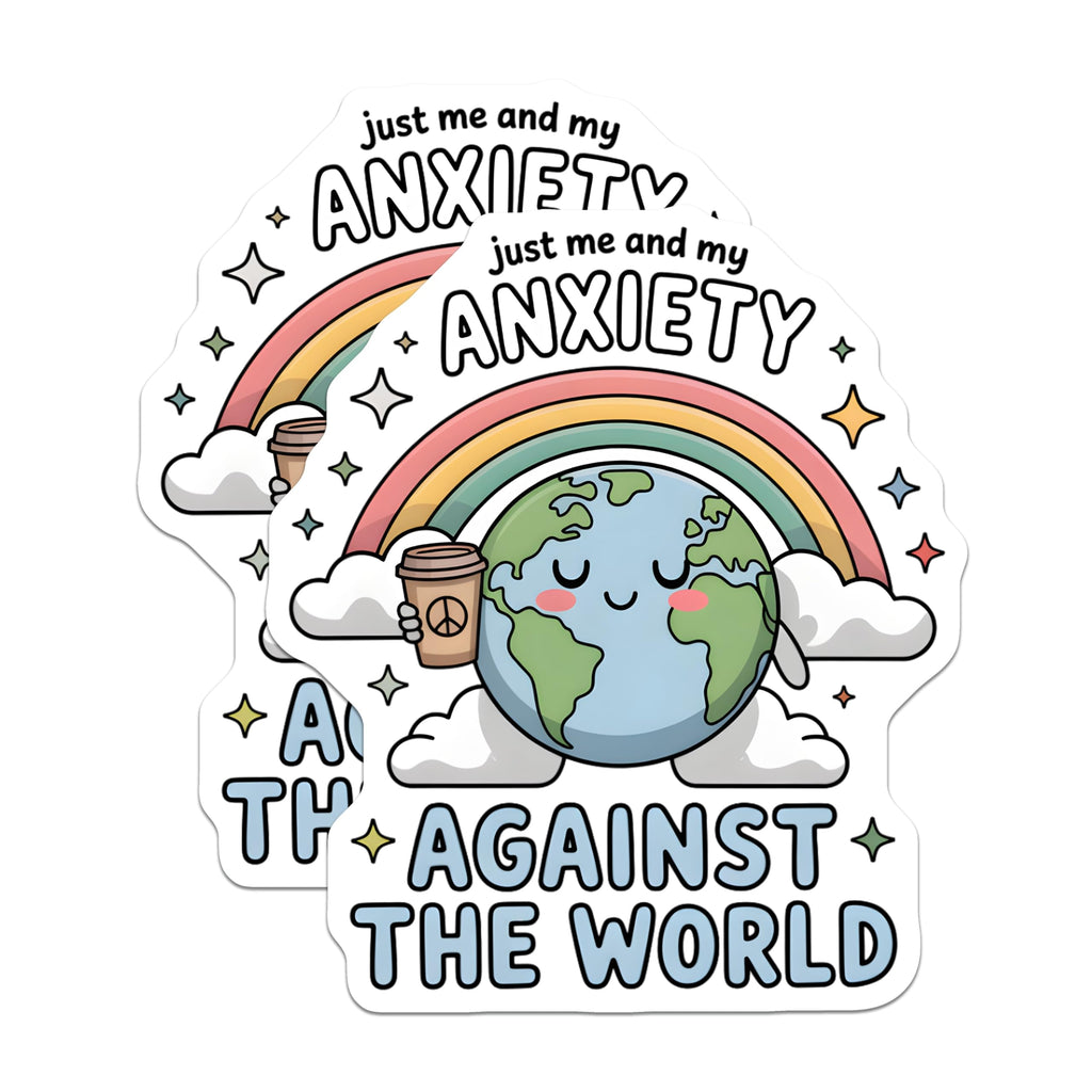 (2 Pack) Just Me and My Anxiety Magnets - Against The World Coffee Planet - Mental Health Support Rainbow Decor - 5 Inches On Longest Side - Thick Durable Magnet - Made in USA - MAG20411