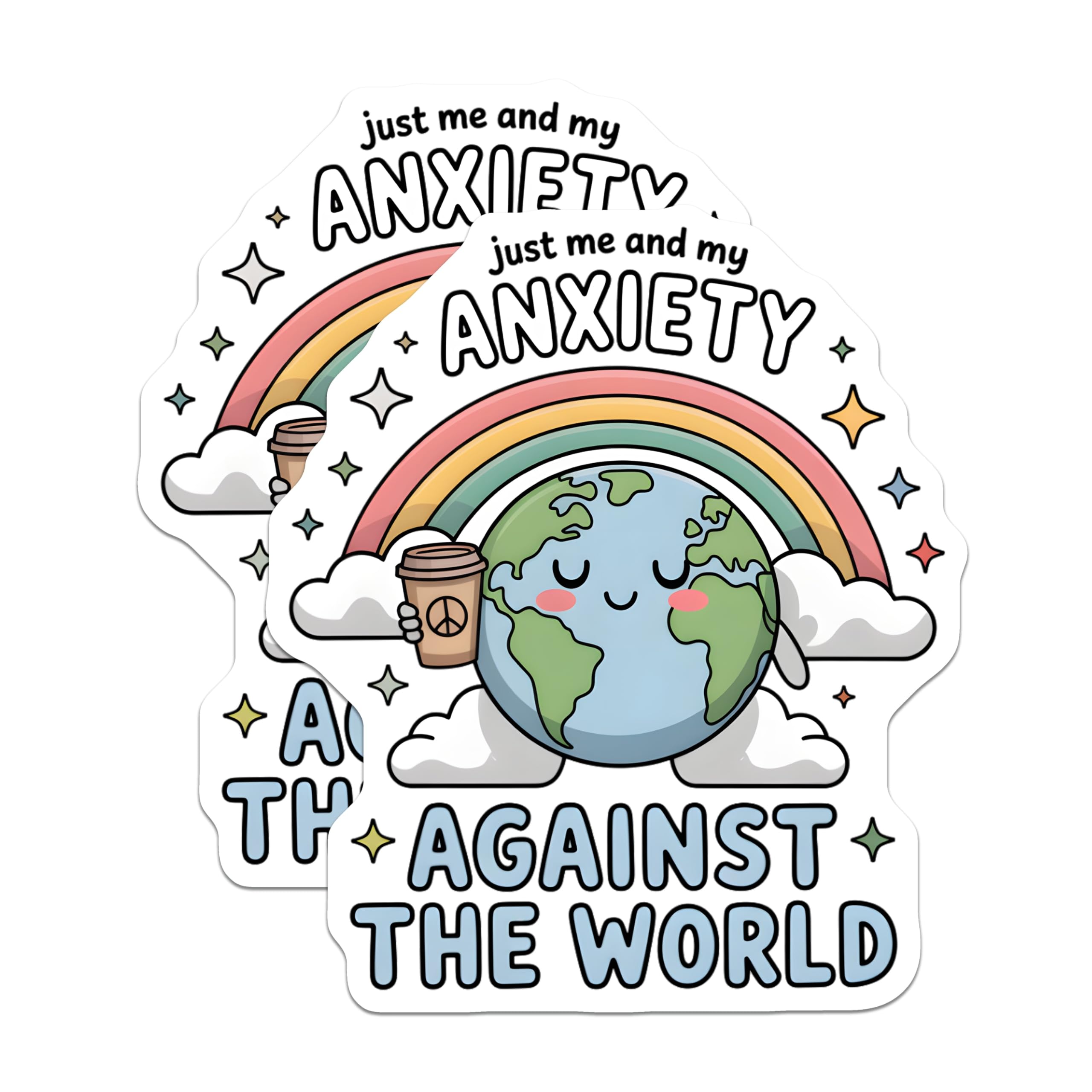 (2 Pack) Just Me and My Anxiety Magnets - Against The World Coffee Planet - Mental Health Support Rainbow Decor - 5 Inches On Longest Side - Thick Durable Magnet - Made in USA - MAG20411