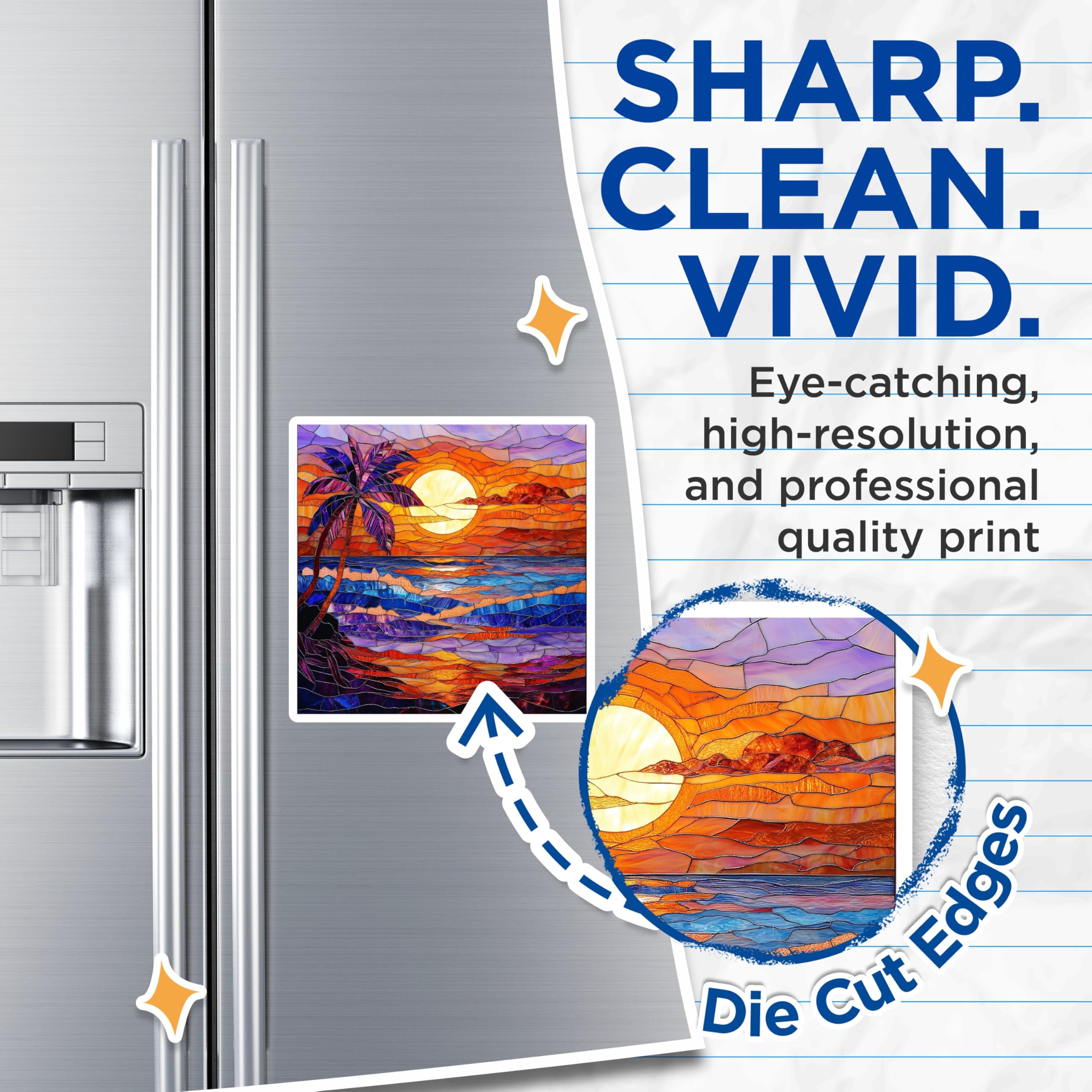 (2 Pack) Stained Glass Sunset Magnets - Tropical Beach Scene - Ocean Palm Tree Art - 5 Inches On Longest Side - Thick Durable Magnet - Made in USA - MAG27744