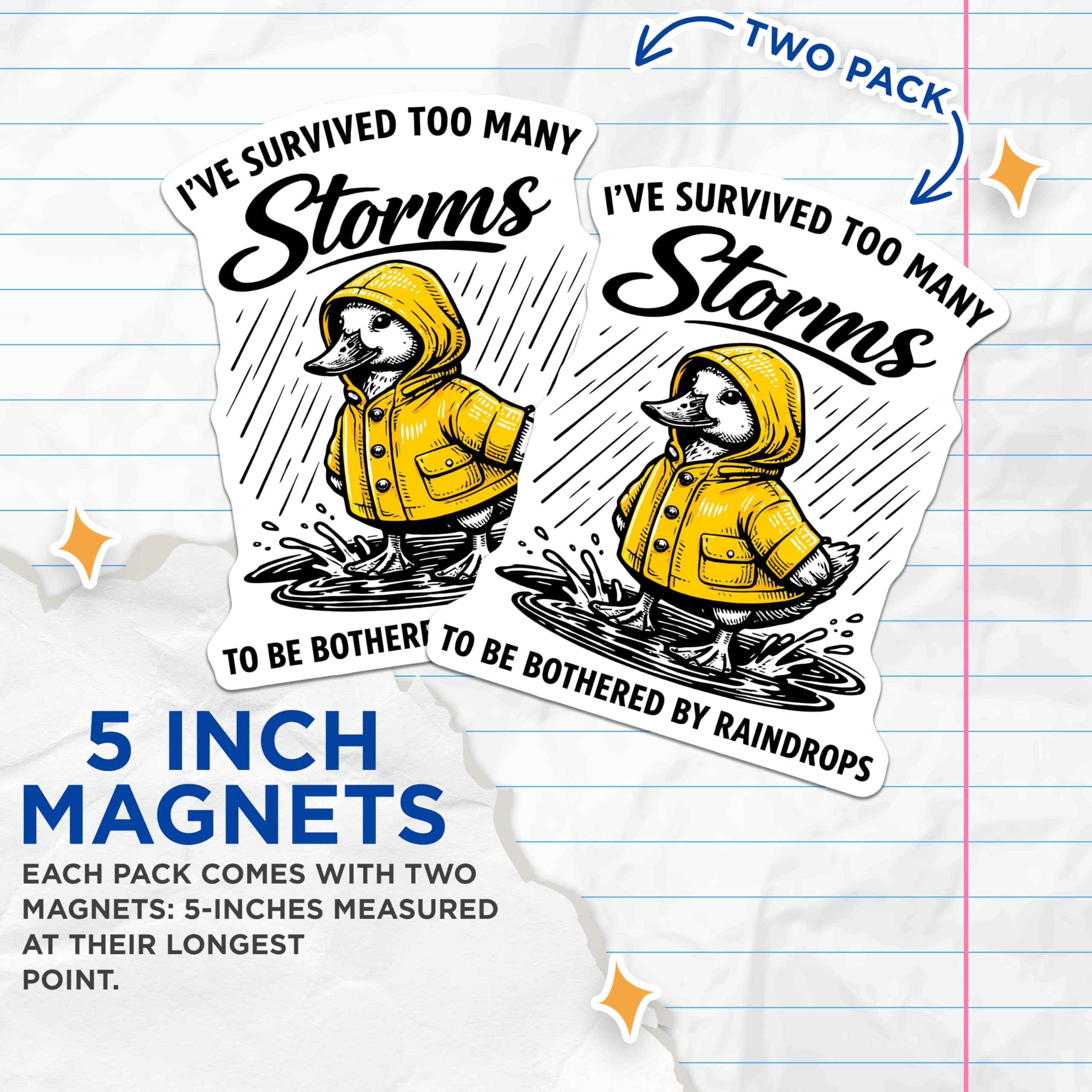 (2 Pack) Duck Raincoat Magnets - Storm Survivor Quote - Inspirational Refrigerator Decor - 5 Inches On Longest Side - Thick Durable Magnet - Made in USA - MAG22157